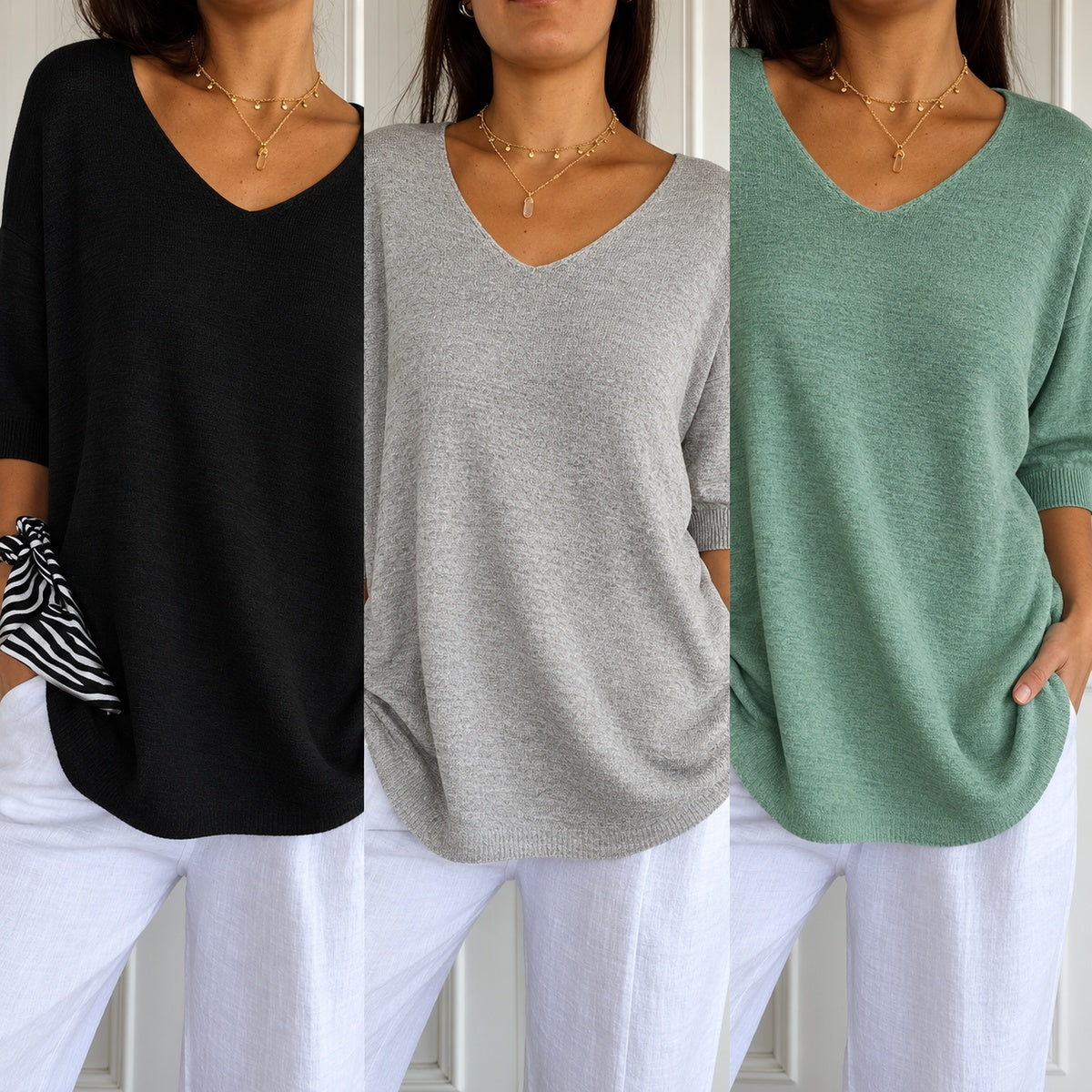 Kit 3 Blusas Luna em Malha Leve Decote V
