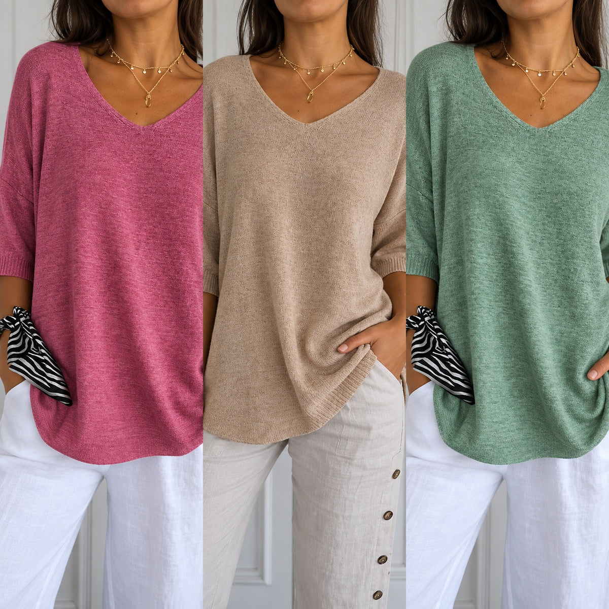 Kit 3 Blusas Luna em Malha Leve Decote V