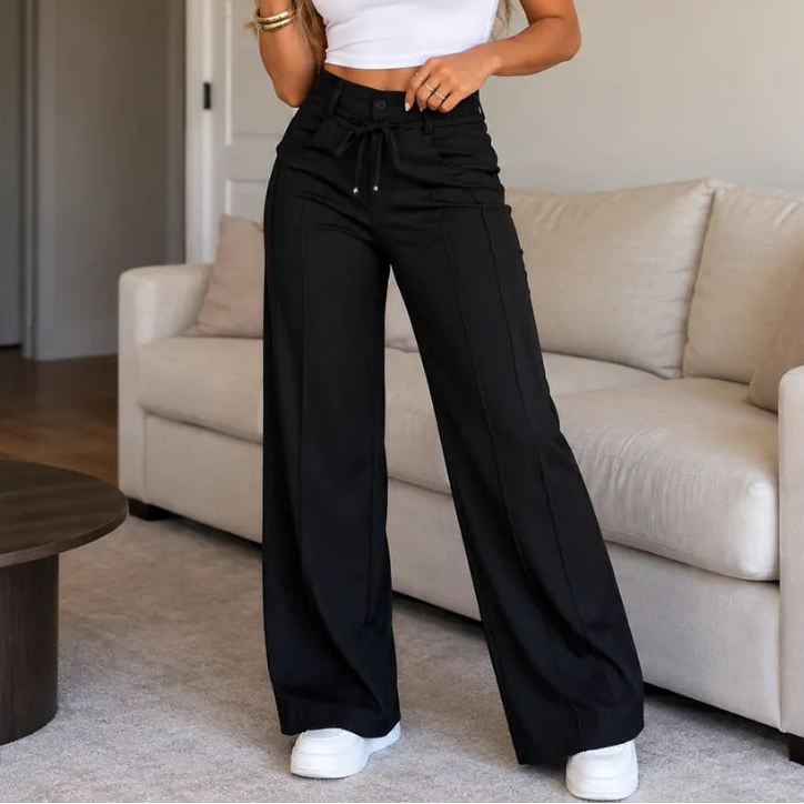 Calça Pantalona Julie preta em malha de seda gelo Zary Moda