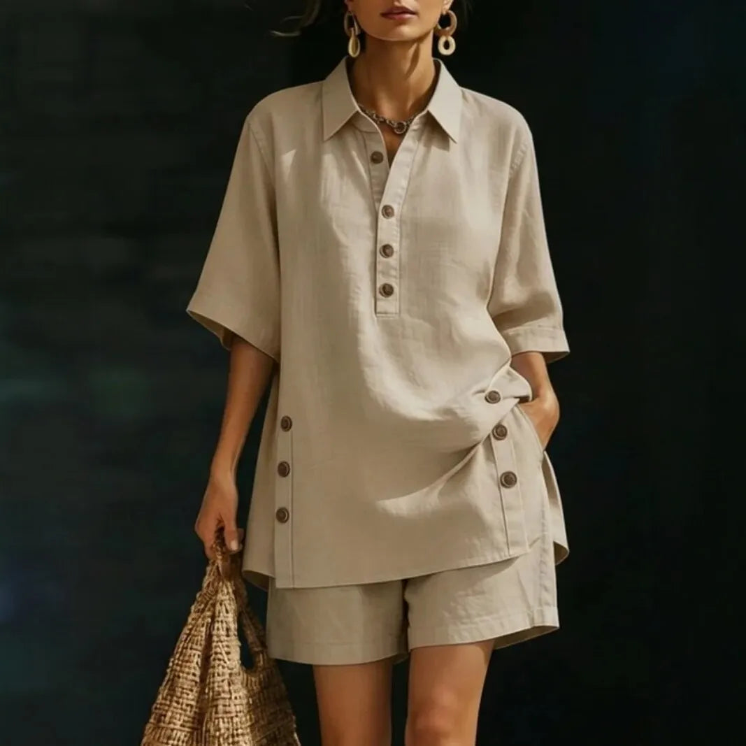 Conjunto Velena cáqui em linho de algodão Zary Moda