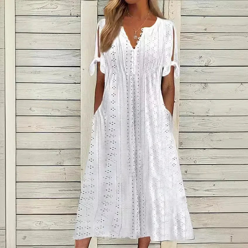 Vestido de Renda Jana - Gola em V de Manga Curta — Zary Moda
