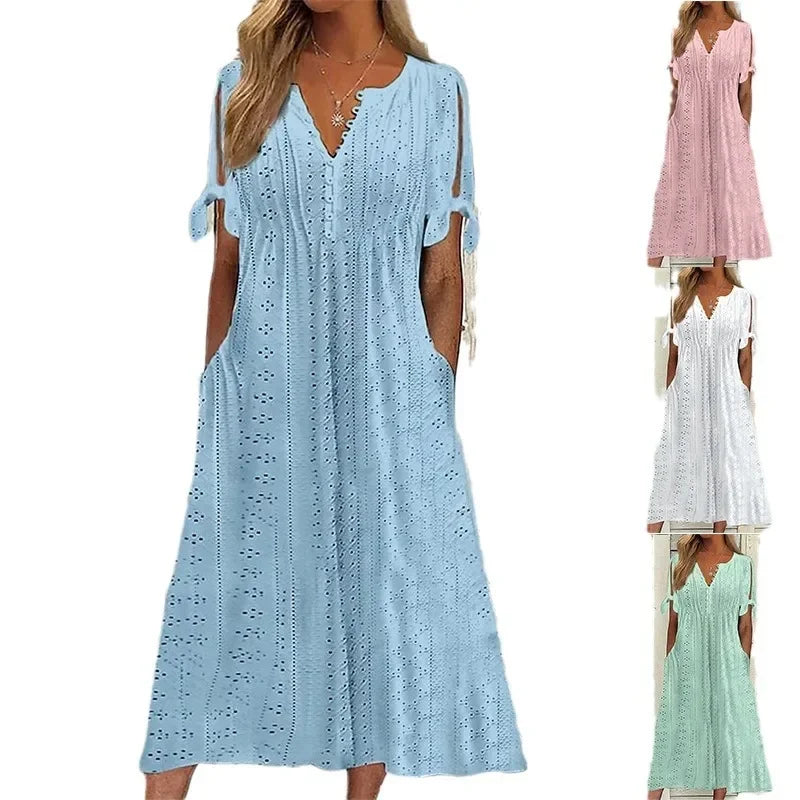 Vestido de Renda Jana - Gola em V de Manga Curta — Zary Moda