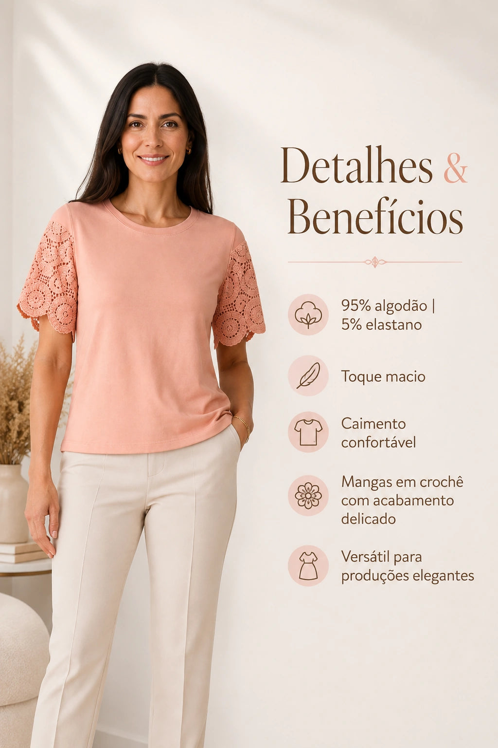 Blusa Confortável com Manga em Crochê Geisa - Rosa - imagem 5