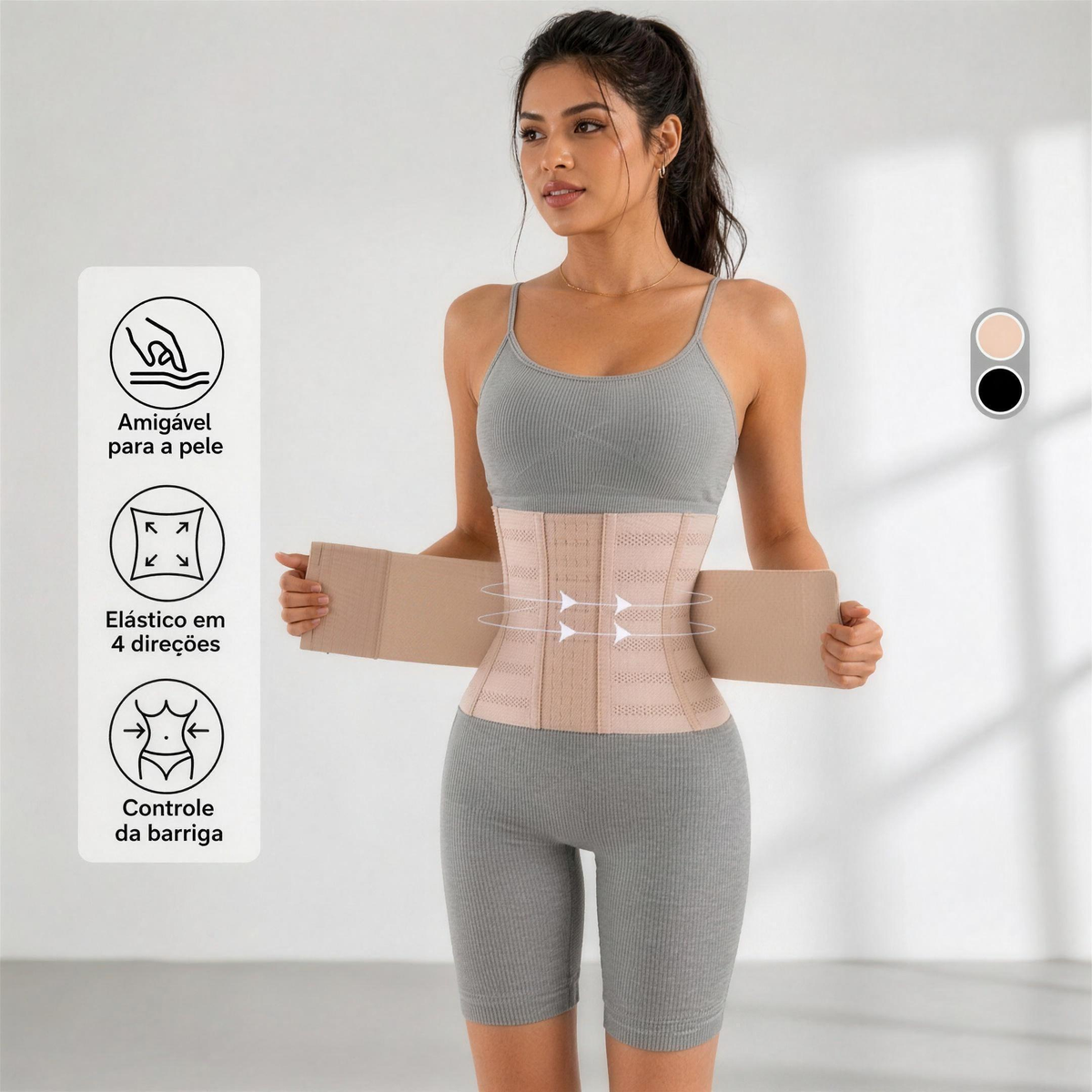 Cinta Modeladora CurveFit Bege — vista frontal com benefícios — Zary Moda