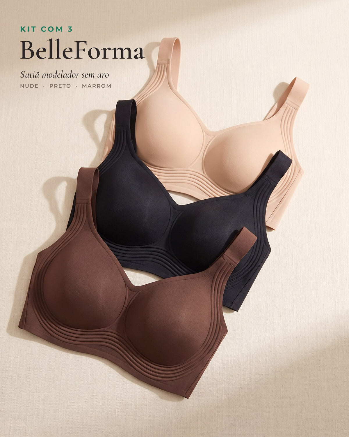 Kit com 3 sutiãs modeladores BelleForma sem aro nas cores nude, preto e marrom