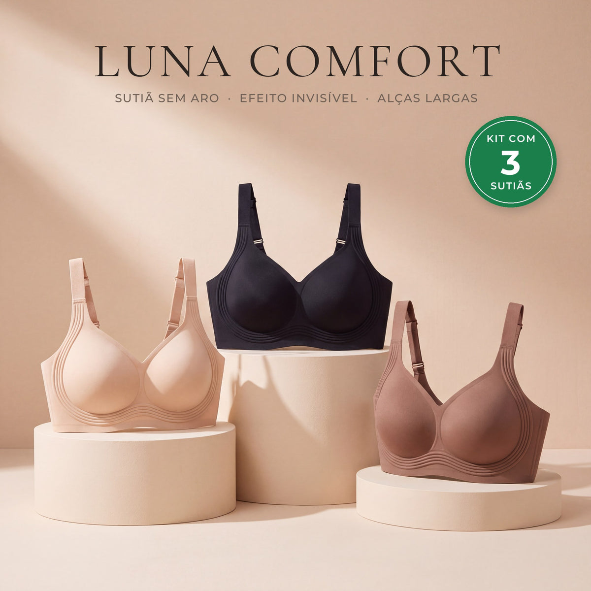 Kit com 3 sutiãs Luna Comfort nas cores bege, preto e marrom