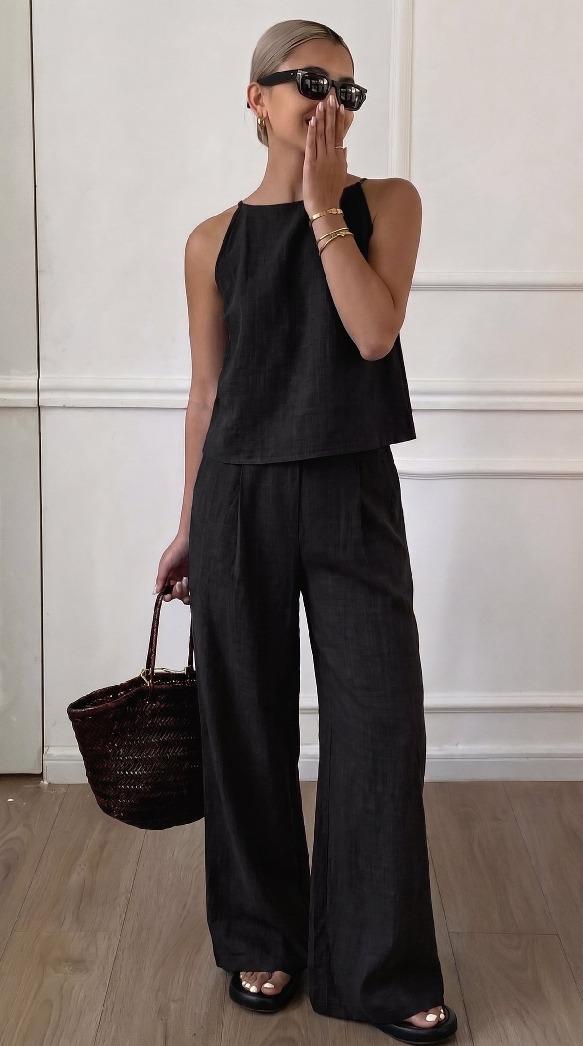 Conjunto Casual Mykonos preto com calça pantalona Zary Moda