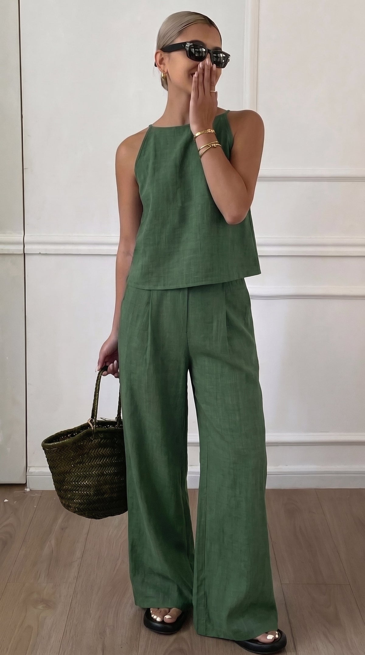 Conjunto Casual Mykonos verde com calça pantalona Zary Moda