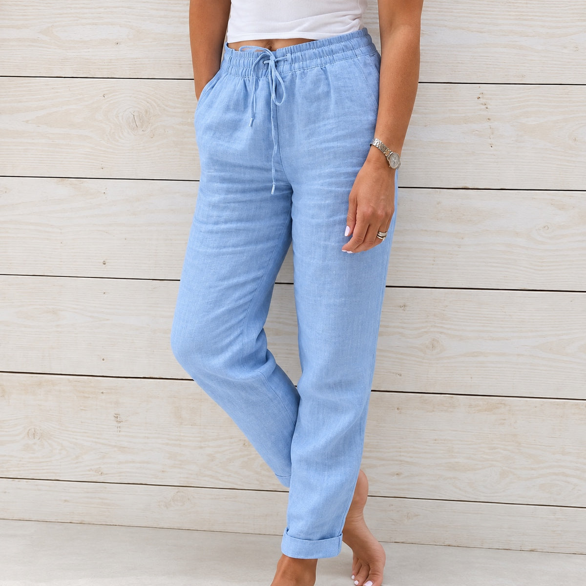 (Compre 1 Leve 2) Calça Cagliari em Linho de Algodão e Cós Ajustável