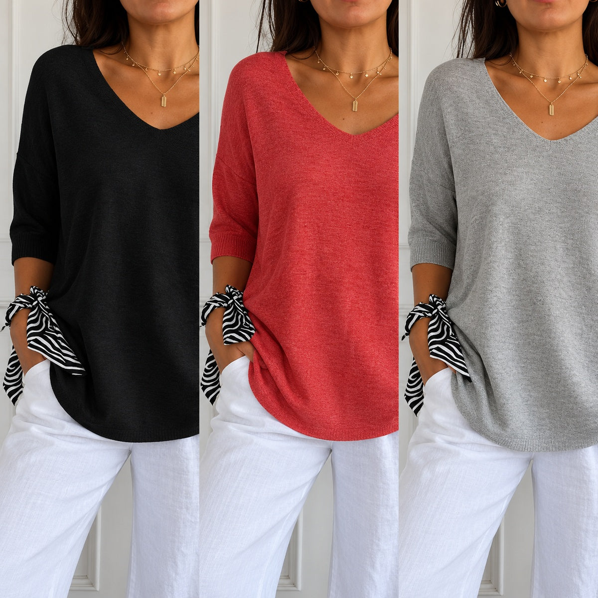 Kit 3 Blusas Luna em Malha Leve Decote V