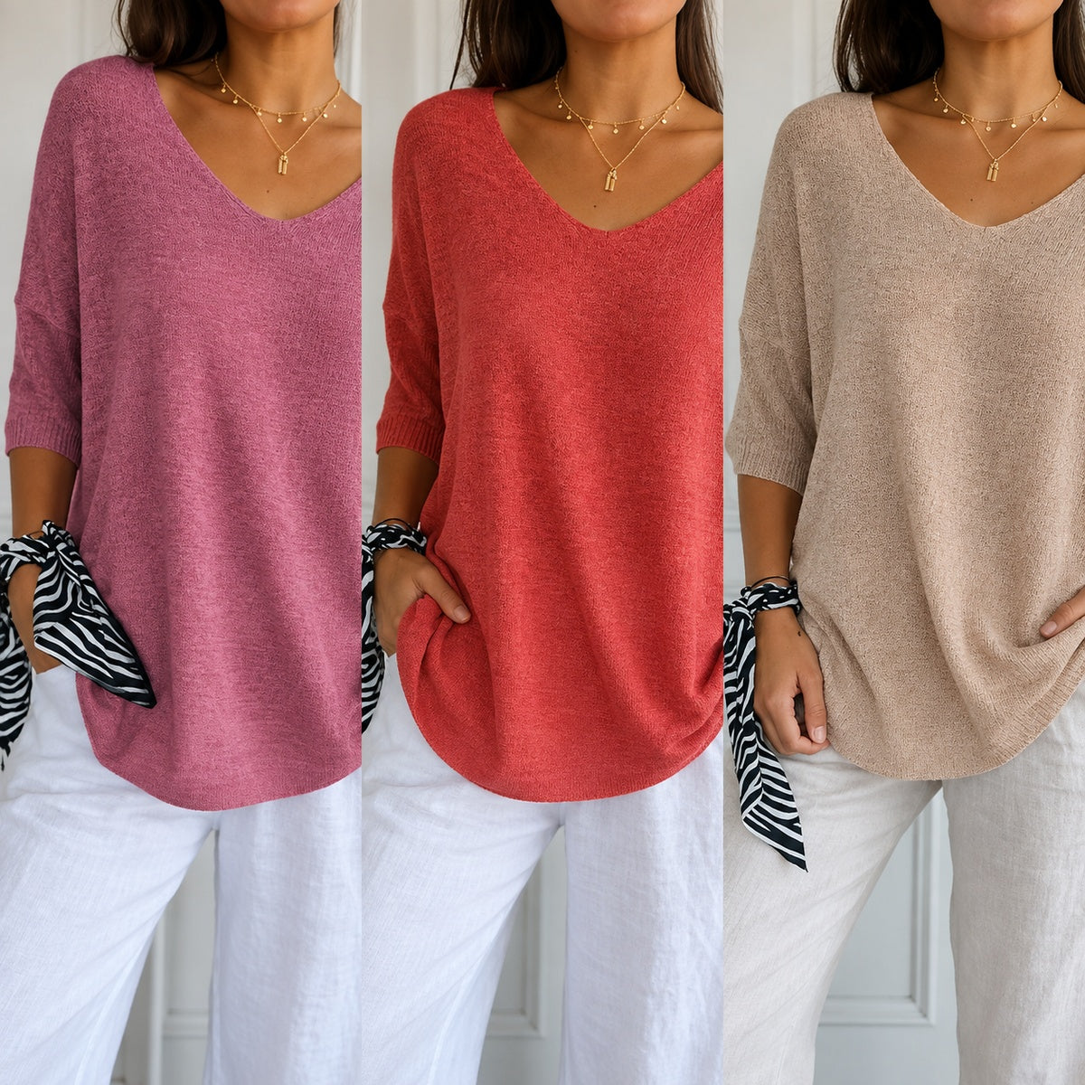 Kit 3 Blusas Luna em Malha Leve Decote V