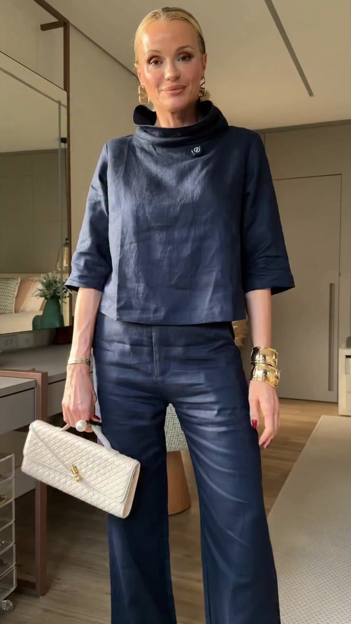 Conjunto 100% Linho Azul Marinho Zary Moda - frente