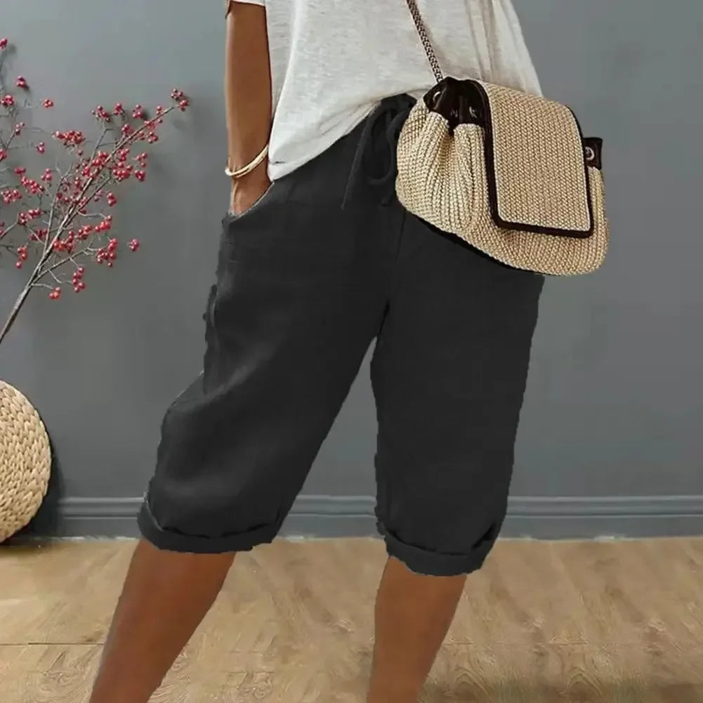 Bermuda Helena preta e cáqui em linho de algodão Zary Moda