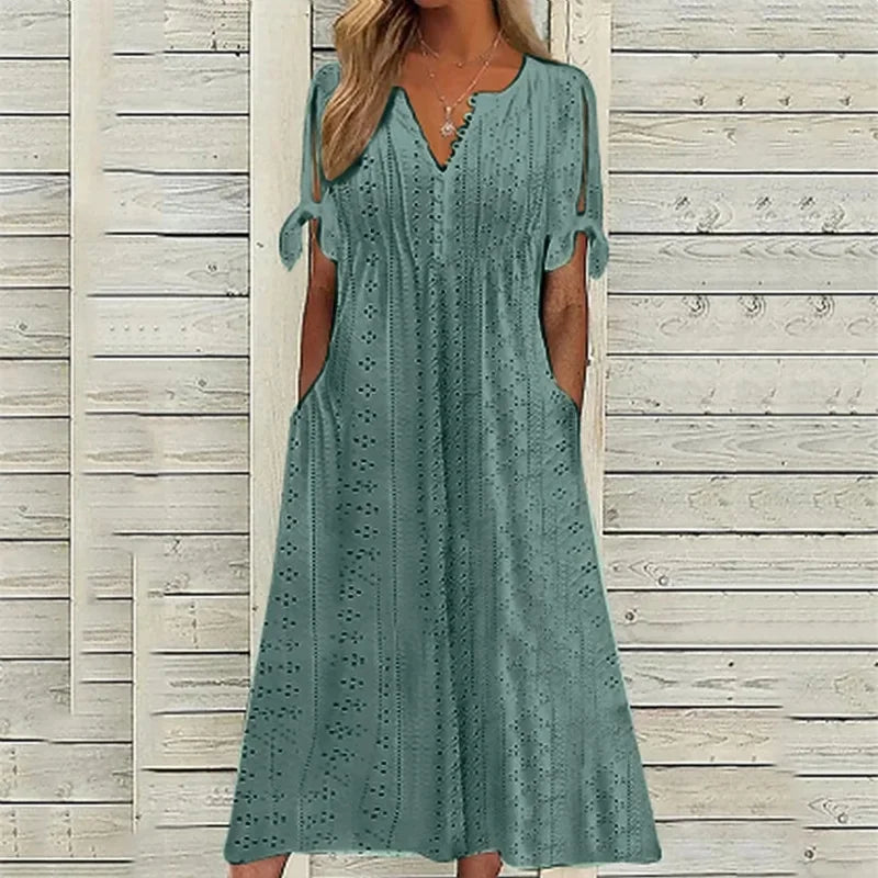 Vestido de Renda Jana - Gola em V de Manga Curta — Zary Moda