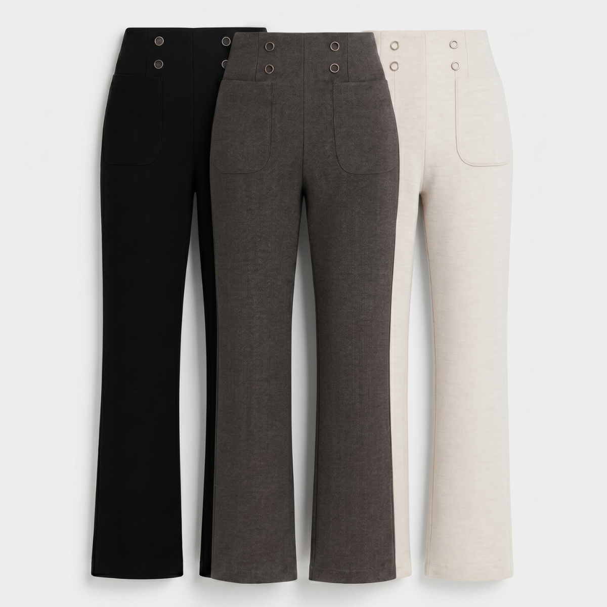 Kit com três Calças Femininas Solena preta, cinza e branca