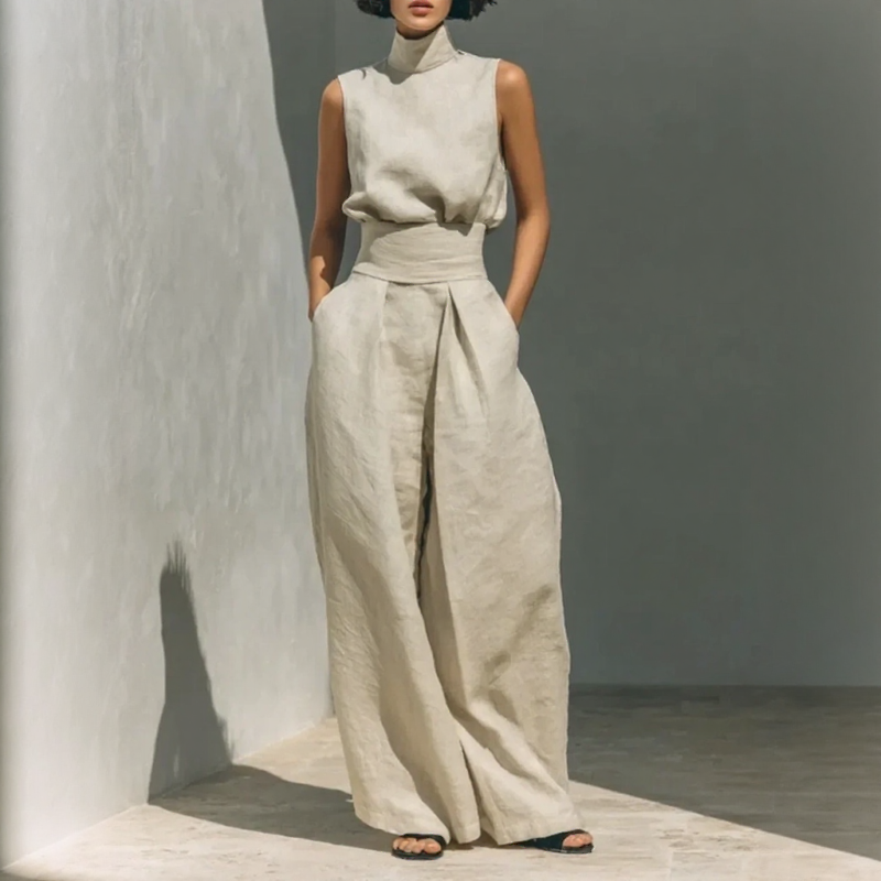 Conjunto Lysenne cáqui em linho de algodão Zary Moda
