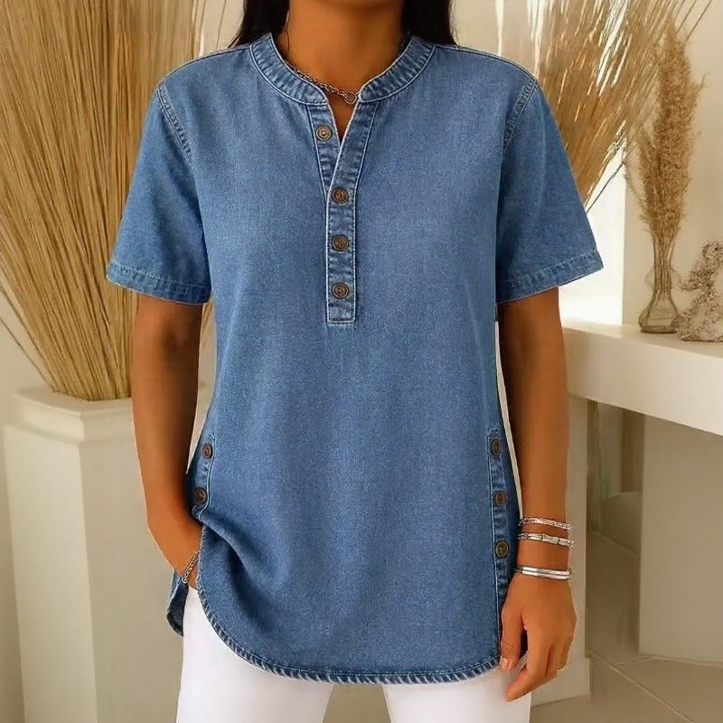 Blusa Jeans Calenny Com Acabamento Estonado e Caimento Soltinho
