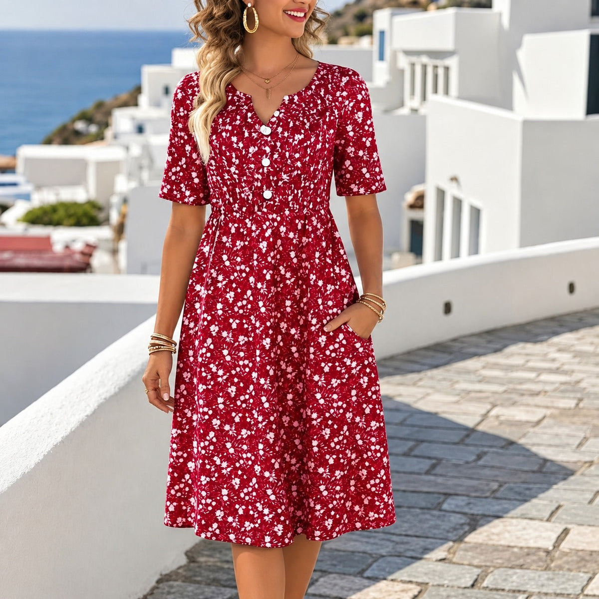 Vestido Midi Florena com Botões Frontais, Estampa Floral e Mangas Curtas