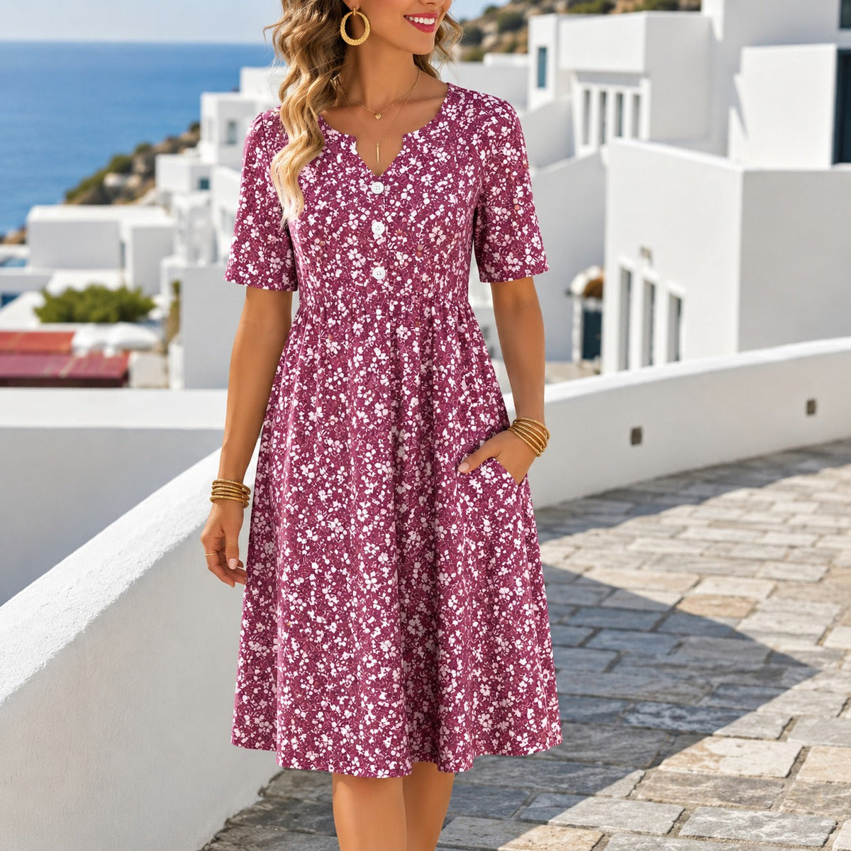 Vestido Midi Florena com Botões Frontais, Estampa Floral e Mangas Curtas