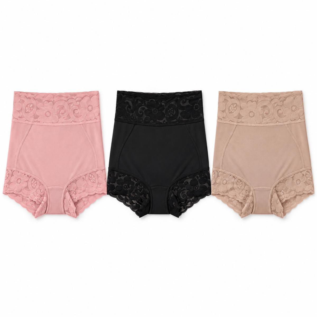 Kit com 3 calcinhas modeladoras BelaShaper nas cores nude, preta e rosa