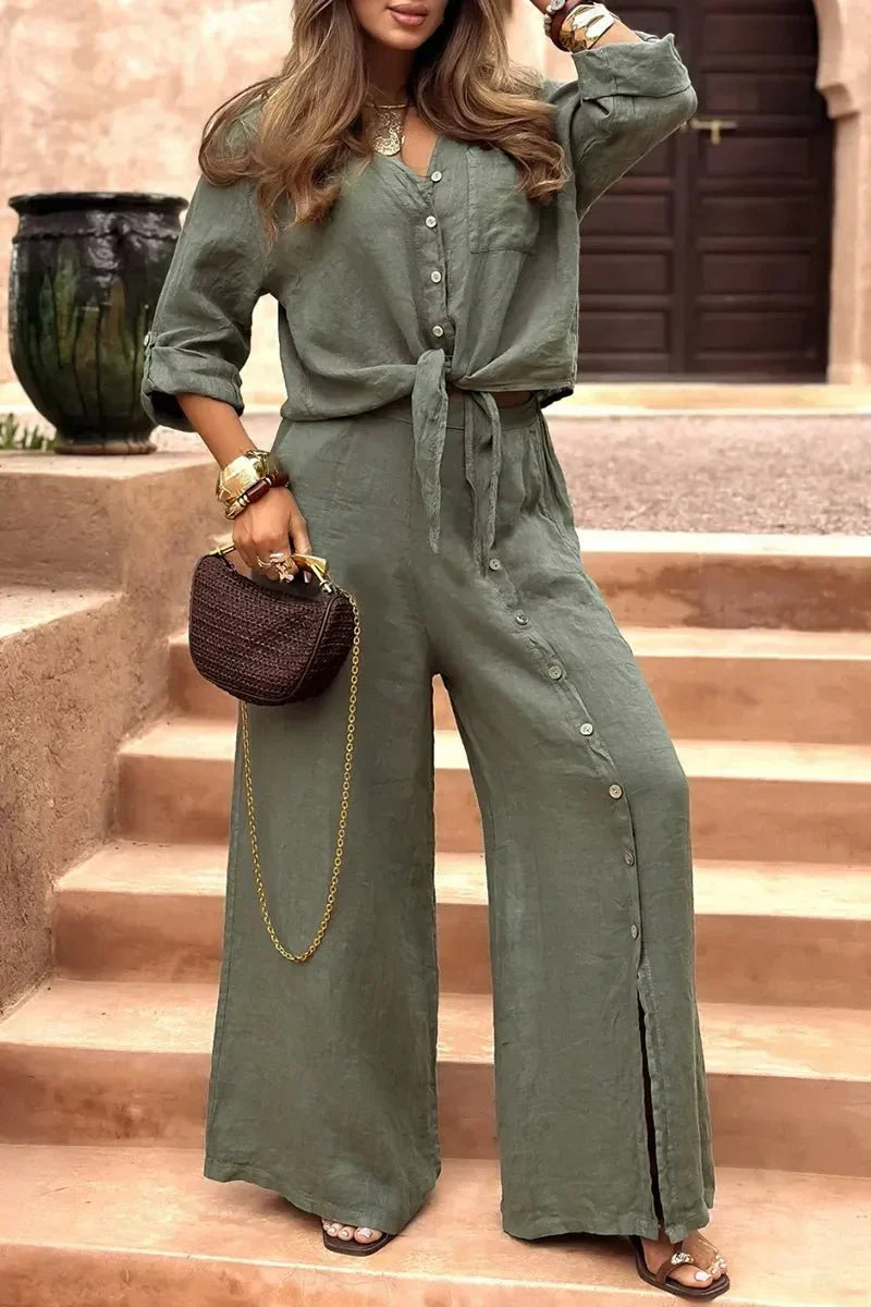 Conjunto Luna em Linho Natural - Modelagem Pantalona e Tecido Respirável — Zary Moda