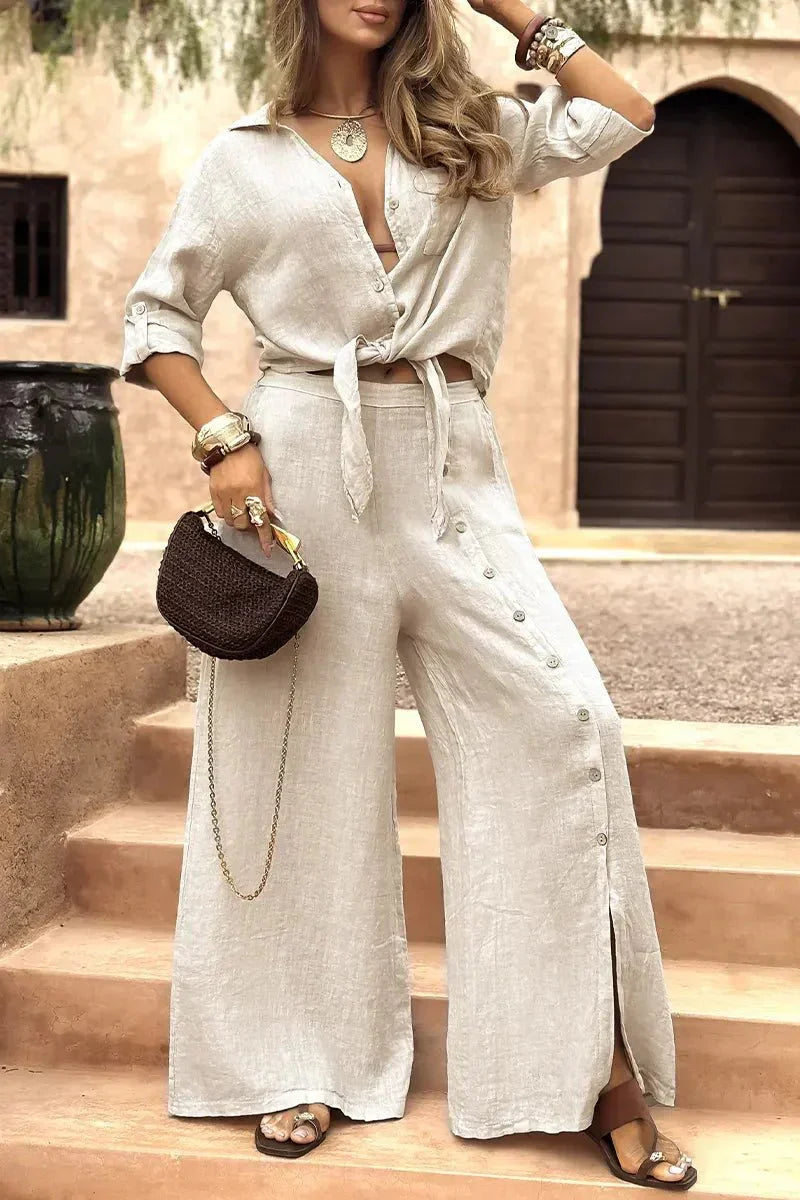 Conjunto Luna em Linho Natural - Modelagem Pantalona e Tecido Respirável — Zary Moda