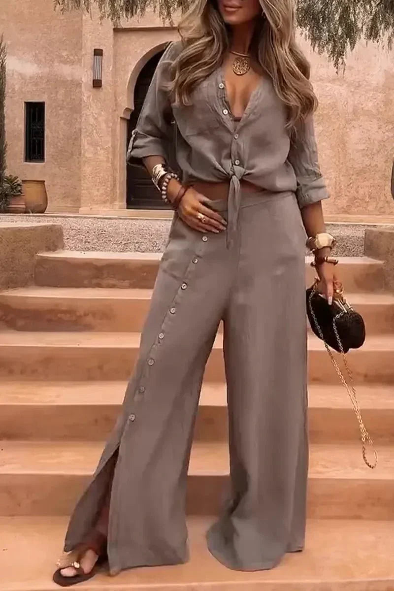 Conjunto Luna em Linho Natural - Modelagem Pantalona e Tecido Respirável — Zary Moda