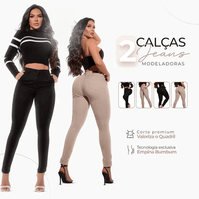 Calça Jeans Modeladora Preta e Nude Zary Moda - kit com 2 calças