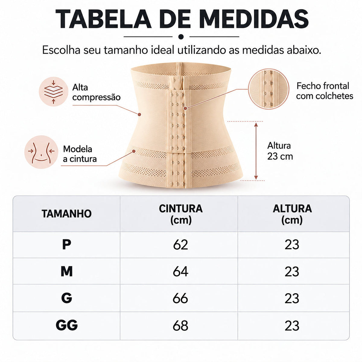 Tabela de medidas da Cinta Modeladora Aurora Shape™, tamanhos P a GG