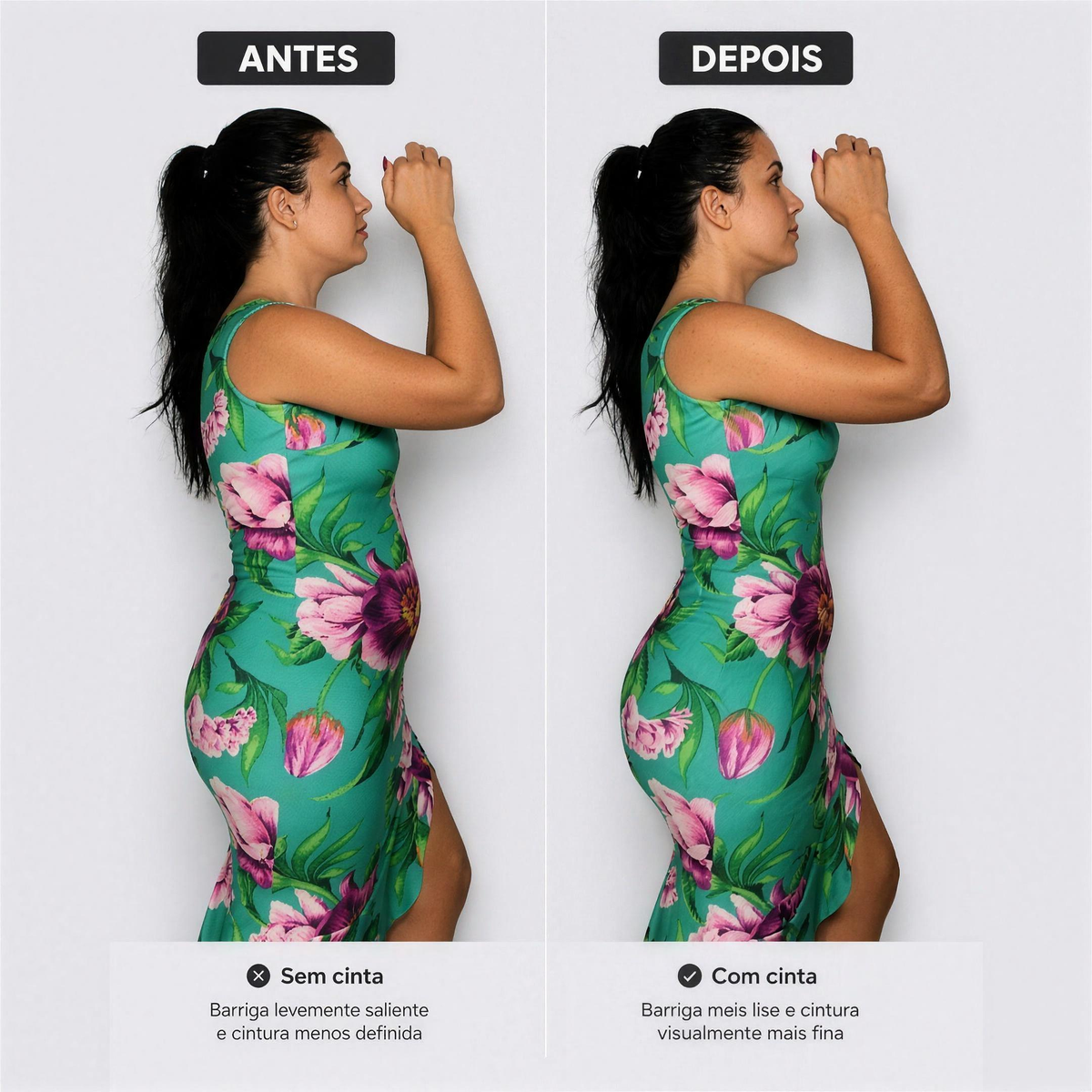 Cinta Modeladora CurveFit — antes e depois com vestido floral — Zary Moda