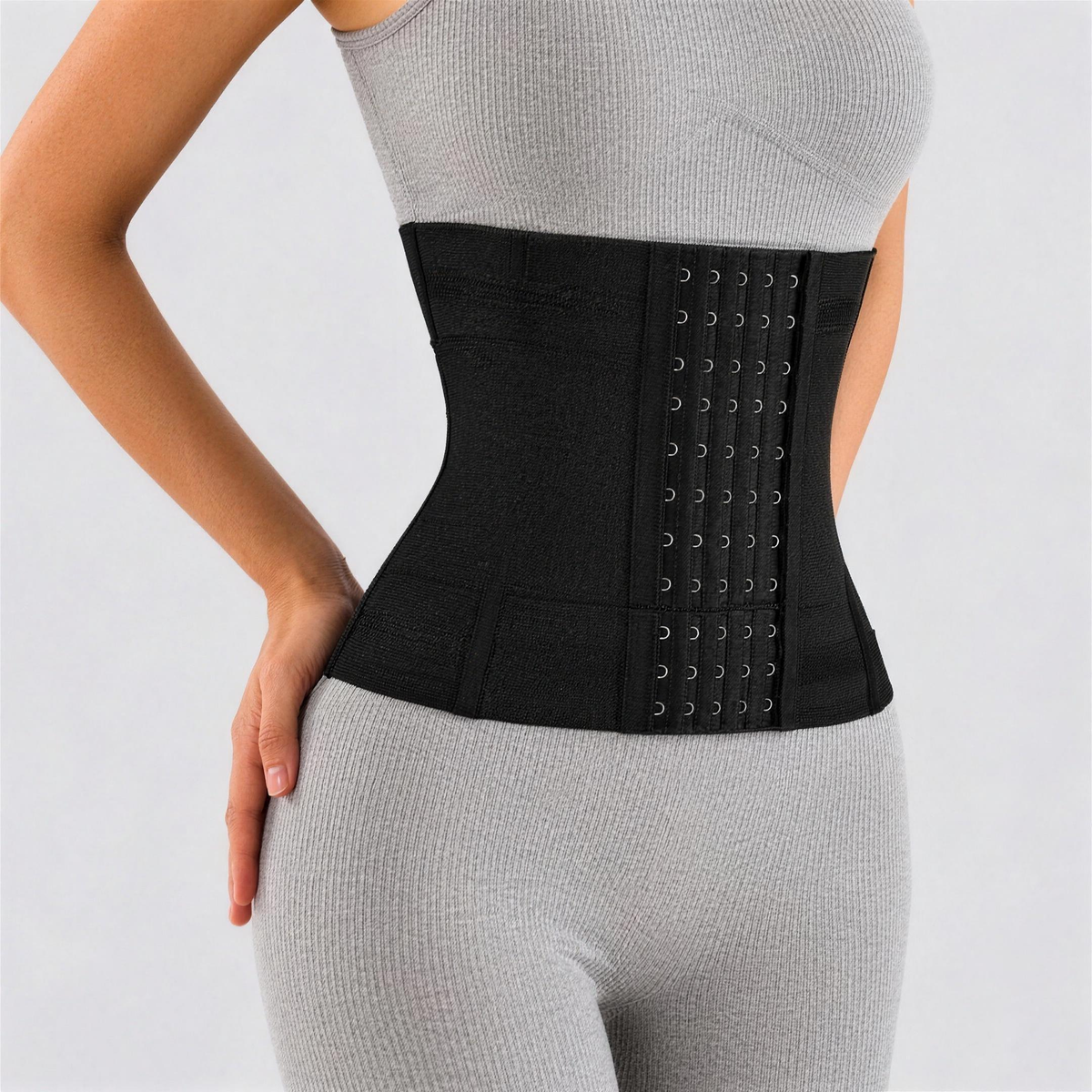 Cinta Modeladora CurveFit Preta — vista frontal do fecho de colchetes — Zary Moda