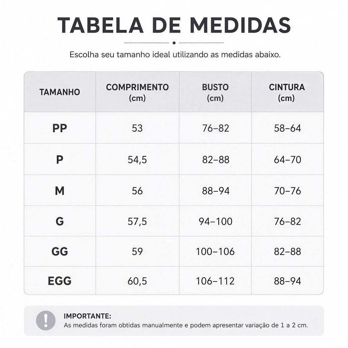 Cinta Modeladora CurveFit — tabela de medidas P ao GG — Zary Moda