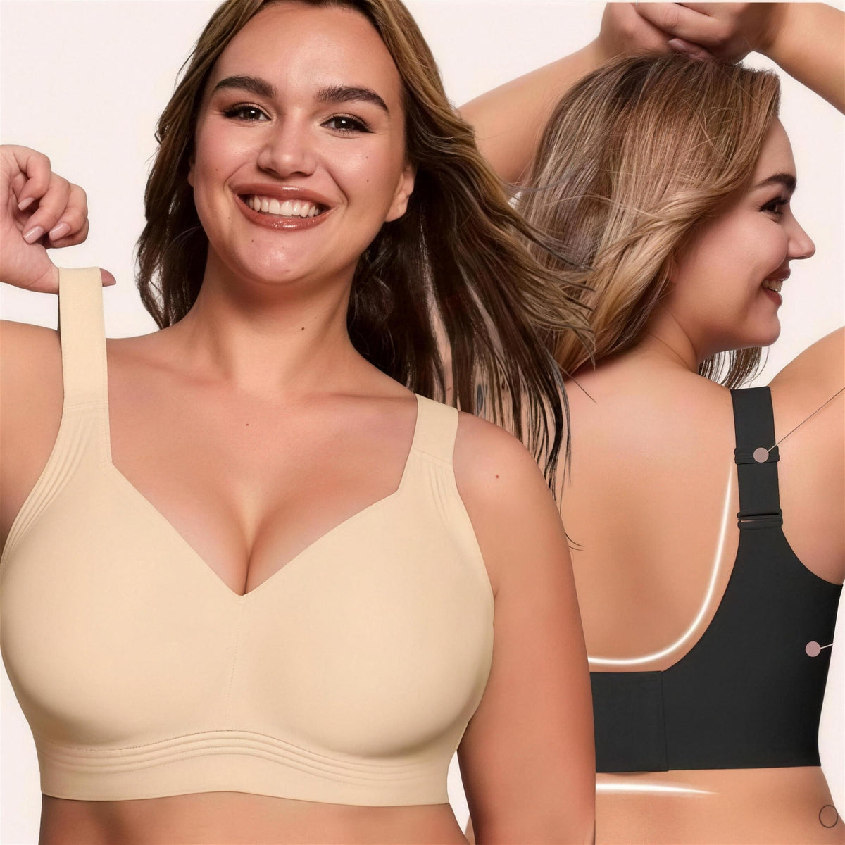 Modelo vestindo o sutiã Luna Comfort bege, de frente e de costas