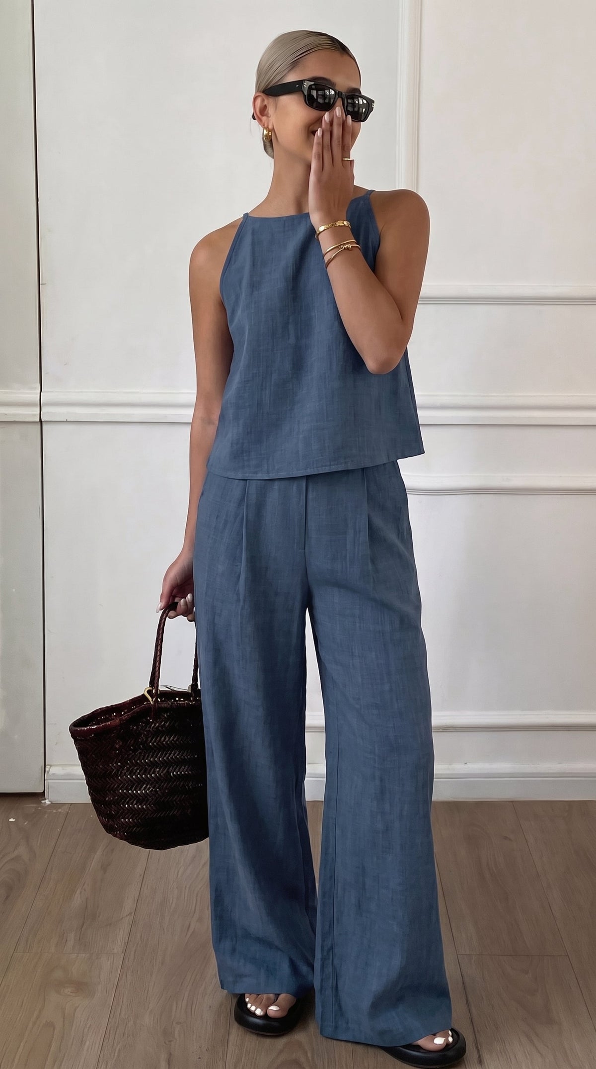 Conjunto Casual Mykonos azul com calça pantalona Zary Moda
