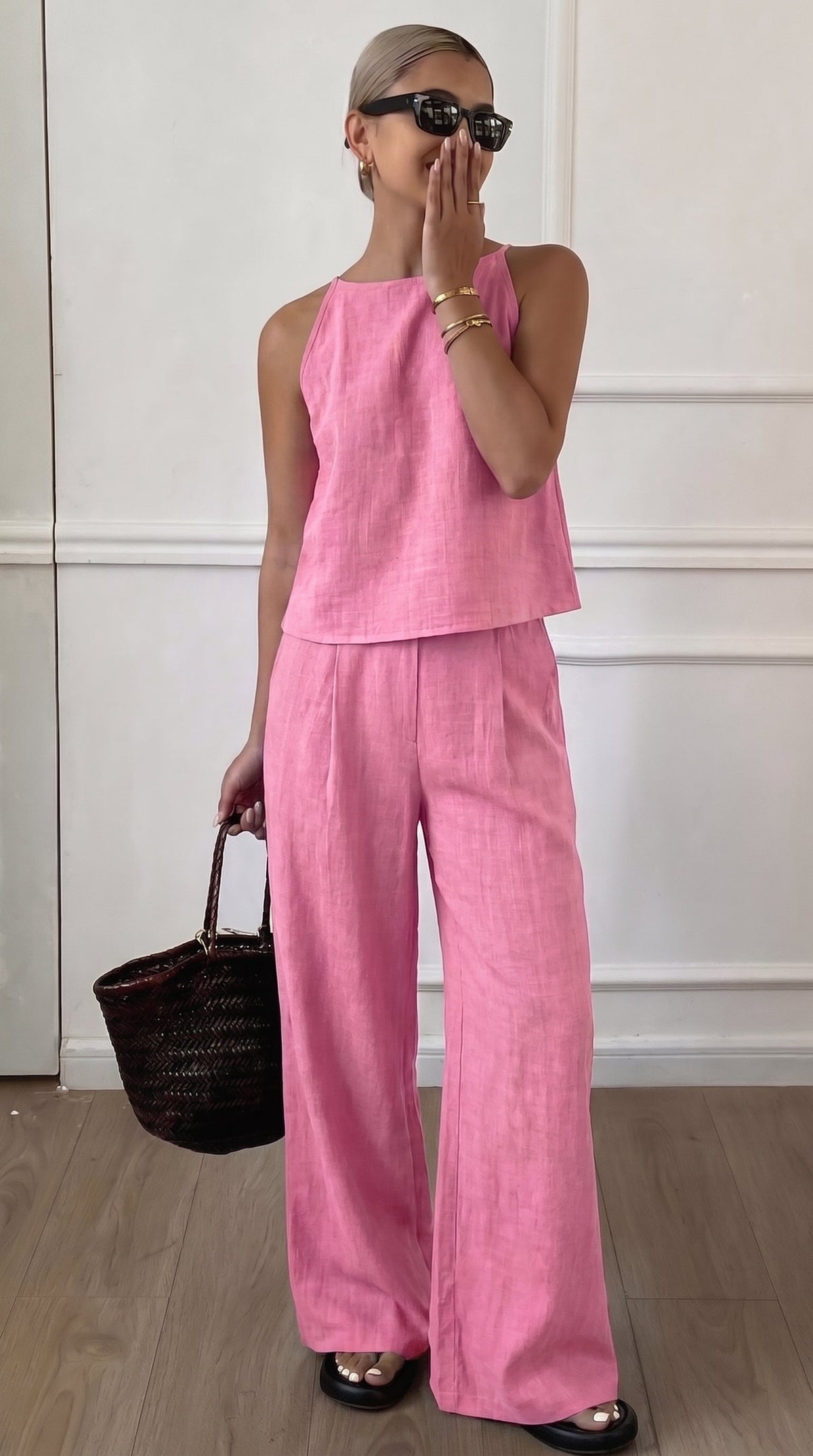 Conjunto Casual Mykonos rosa com calça pantalona Zary Moda