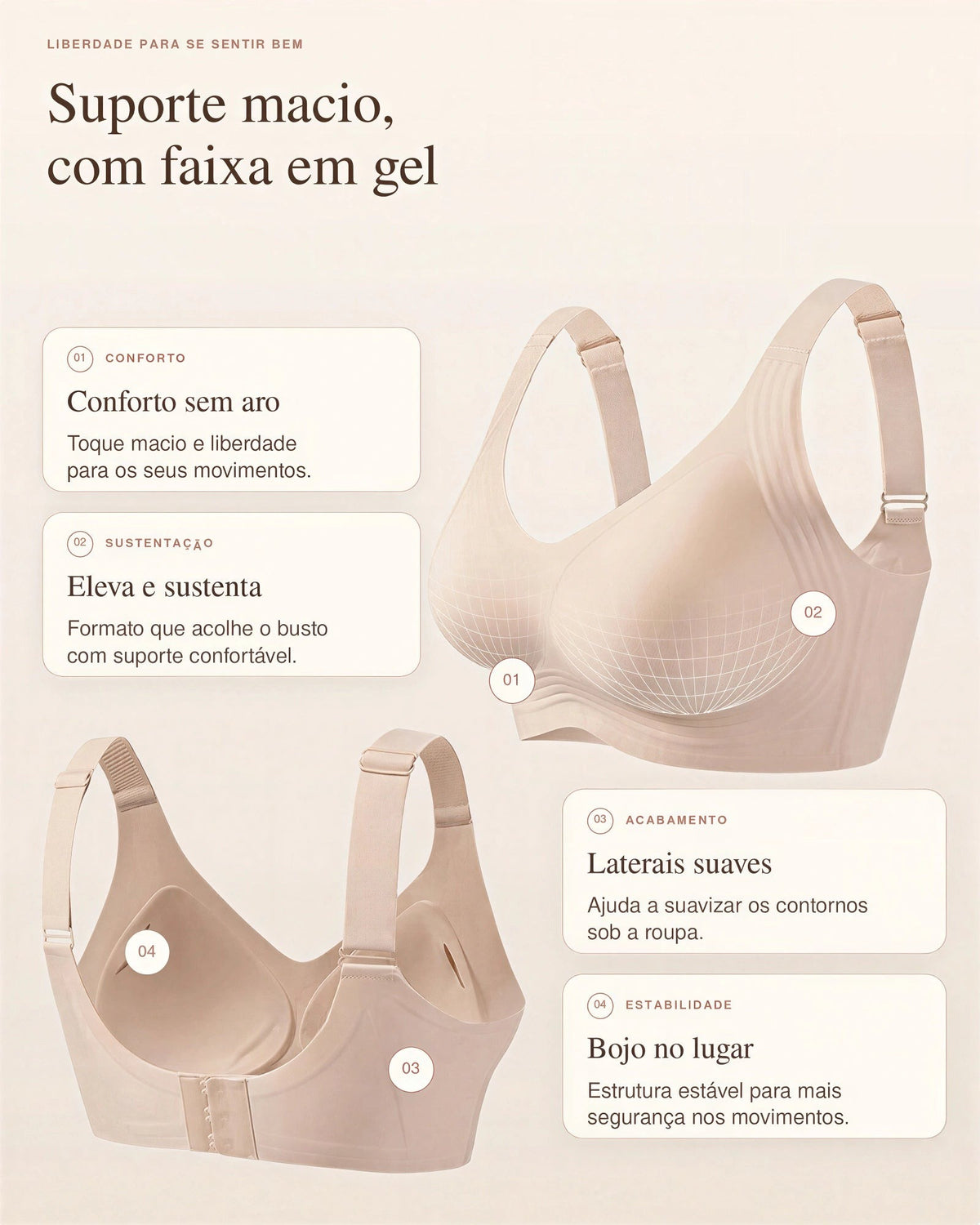 Detalhes do sutiã BelleForma: sem aro, laterais suaves e bojo estável