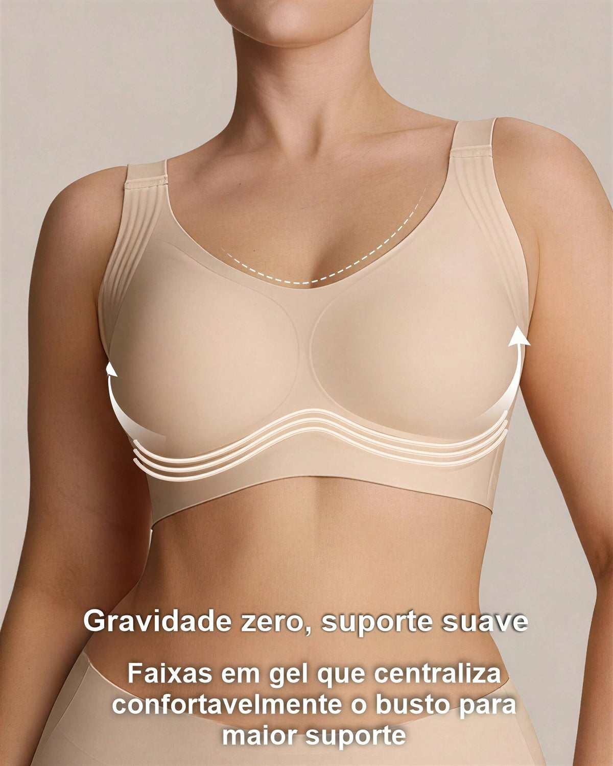 Faixas em gel do sutiã BelleForma que sustentam e centralizam o busto